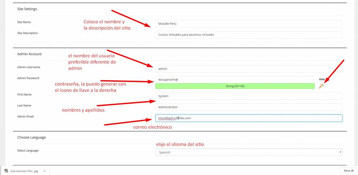 Detalles de la instalación de Moodle